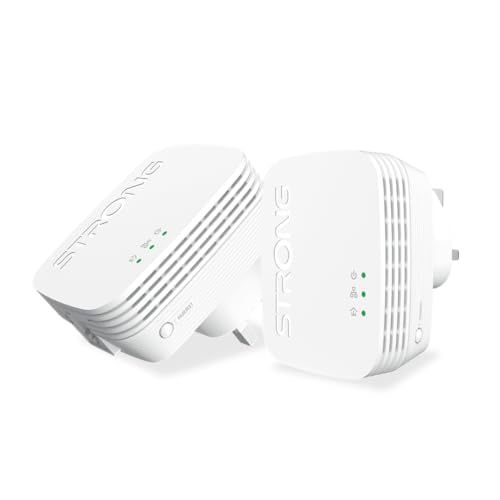 STRONG POWERL600DUOMINIUK AV600 Mini-Powerline-Adapter-Starter-Set, 2 Stück, bis zu 300 m Reichweite, keine Konfiguration erforderlich, UK-Stecker, Weiß von STRONG