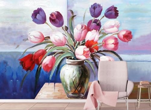 Fototapete 3d effekt Blumen Handgemaltes Ölgemälde Bunte Tulpe Vase Wandbild 200cmx140cm Schlafzimmer Wohnzimmer Wandbild Wanddeko Wandtapete von STROXTH WALLPAPER