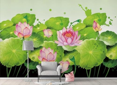 STROXTH WALLPAPER Fototapete 3d effekt 250cmx175cm Lotusblumen Handgemalter Teich Mit Grünem Riesigem Seerosenblatt Und Roter Seerose Schlafzimmer Wohnzimmer Wandbild Wanddeko Wandtapete von STROXTH WALLPAPER