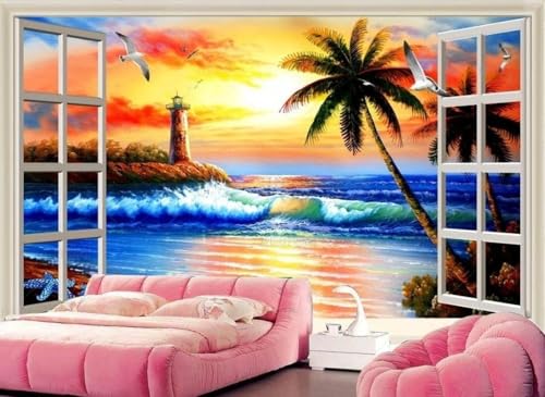 STROXTH WALLPAPER Fototapete 3d effekt 300cmx210cm Naturlandschaft Farbiges Fenster Meerblick Leuchtturm Ölgemälde Hintergrundwand Schlafzimmer Wohnzimmer Wandbild Wanddeko Wandtapete von STROXTH WALLPAPER