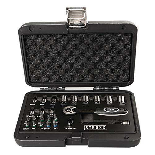 STROXX Bit-Steckschlüssel-Satz 1/4″ 25-teilig - Umschaltknarre mit Kugelarretierung und Druckknopf-Schnelllösefunktion - Verlängerung 100 mm - feinzahn - Stecknuss STROXX Bit-Steckschlüssel-Satz 1/4″ 25-teilig - Umschaltknarre mit Kugelarretierung und Druckknopf-Schnelllösefunktion - Verlängerung 100 mm - feinzahn - Stecknuss von STROXX