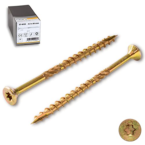STRÜBER Holzschrauben mit Torx-Antrieb (5,0 x 50 mm / 200 Stück) Holzbauschrauben mit TX-Buchse - Spanplattenschrauben Gelb verzinkt - Senkkopfschrauben für Dachkonstruktionen - Universalschrauben von STRÜBER
