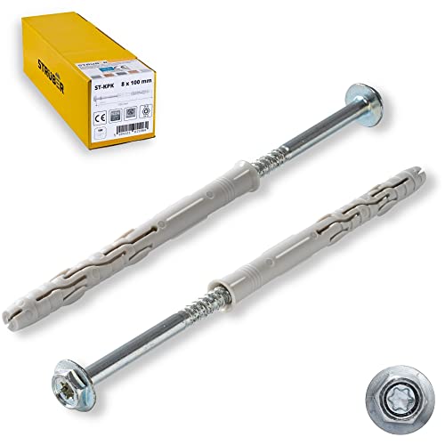 STRÜBER Rahmendübel mit Sechskantschraube & Scheibenkopf mit SW/TX-Buchse (10x100 mm / 50 Stück) Torx - Fensterrahmendübel - Langschaftdübel - Wandrahmenbefestigung - Nylondübel - ETA Zulassung von STRÜBER