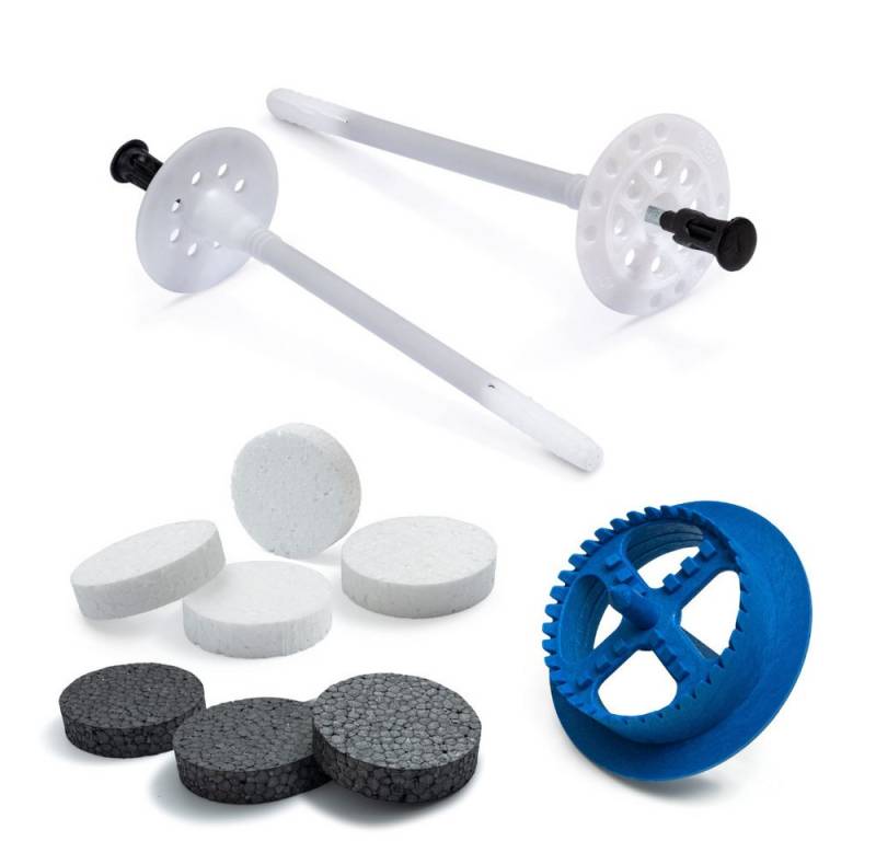 STRÜBER Schrauben- und Dübel-Set Dämmstoffdübel mit Metalldorn + Weiß/Grau Styropor Rondelle + Fräser von STRÜBER