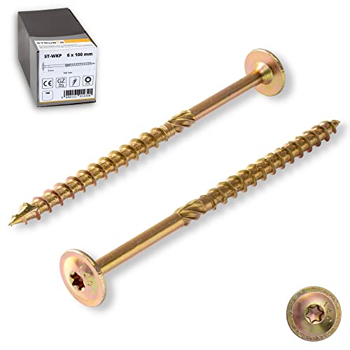 STRÜBER Tellerkopfschrauben mit Torx-Antrieb (6,0 x 140 mm / 100 Stück) Holzschrauben für Dachkonstruktionen - Konstruktionsschrauben Gelb verzinkt - Sparrenschrauben TX-Buchse - BIT TX-30 inklusive! von STRÜBER