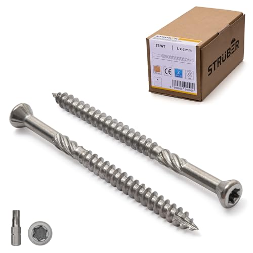 STRÜBER Terrassenschrauben mit Zier-Senkkopf und Torx-Antrieb (5,0 x 50 mm / 200 Stk. / TX-25) Edelstahl gehärtet C2 - Schaftfräser, Cutspitze - Dielenschrauben - S2-Bit inkl von STRÜBER