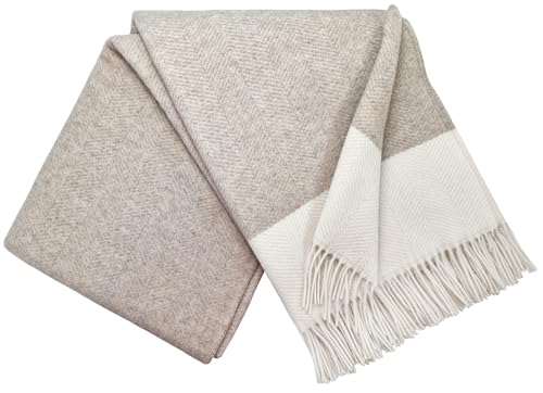 STTS International Kaschmir Decke Wolldecke Wohndecke 100% Merinowolle - Kaschmir - Mix 140 x 200 cm sehr weiches Plaid Kuscheldecke Faro (Beige/Grau-Weiß (M)) von STTS International
