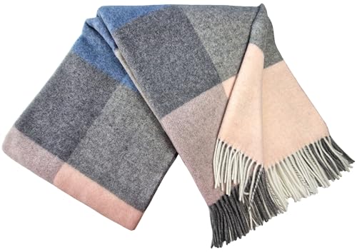 STTS International Kaschmir Decke Wolldecke Wohndecke 100% Merinowolle - Kaschmir - Mix 140 x 200 cm sehr weiches Plaid Kuscheldecke Faro (Rosa-Blau-Grau (Quadrate)) von STTS International