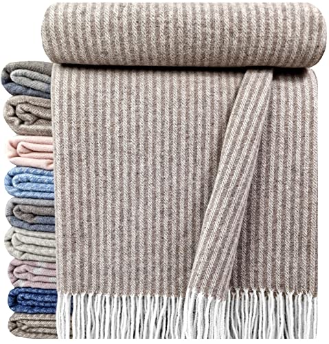 STTS International Kaschmir Decke Wolldecke Wohndecke 100% Merinowolle - Kaschmir - Mix 140 x 200 cm sehr weiches Plaid Kuscheldecke Faro (Hellbraun (Streifen)) von STTS International