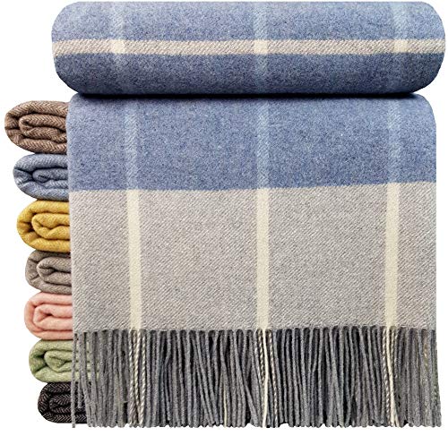 STTS International Kaschmir Decke Wolldecke Wohndecke 100% Wolle - Kaschmir - Mix 140 x 200 cm sehr weiches Plaid Kuscheldecke Faro (Hellblau-Grau-Weiß (Karo)) von STTS International