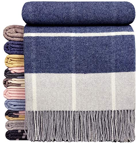 STTS International Kaschmir Decke Wolldecke Wohndecke Merinowolle - Kaschmir - Mix 140 x 200 cm sehr weiches Plaid Kuscheldecke Faro (Dunkelblau (Karo)) von STTS International