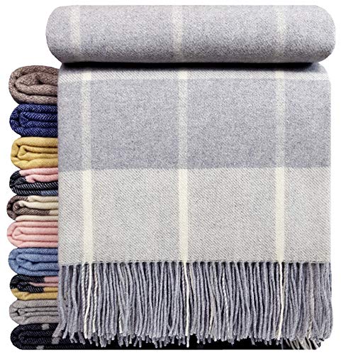 STTS International Kaschmir Decke Wolldecke Wohndecke Merinowolle - Kaschmir - Mix 140 x 200 cm sehr weiches Plaid Kuscheldecke Faro (Hellgrau (Karo)) von STTS International