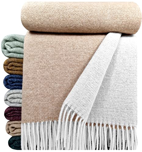 STTS International Wolldecke 100% Schurwolle Wohndecke in versch. Farben 140 x 200 cm Tagesdecke Schurwolldecke Woll-Plaid Tirol (Weiß-Beige (Double face), 140 x 200 cm) von STTS International