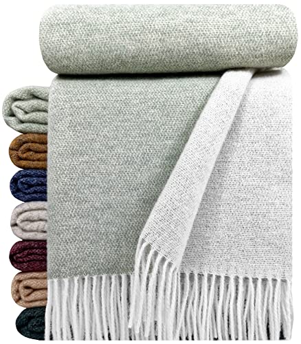 STTS International Wolldecke 100% Schurwolle Wohndecke in versch. Farben 140 x 200 cm Tagesdecke Schurwolldecke Woll-Plaid Tirol (Weiß-Hellolive (Double face), 140 x 200 cm) von STTS International