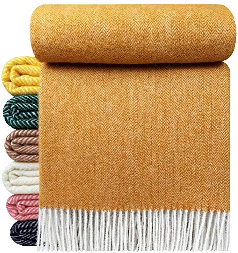 STTS International Wolldecke 100% Schurwolle Wohndecke in versch. Farben 140 x 200 cm Tagesdecke Schurwolldecke Woll-Plaid Tirol (Senf, 140 x 200 cm) von STTS International
