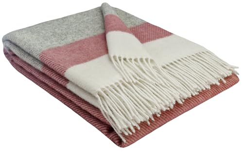 STTS International Wolldecke 100% Schurwolle Wohndecke in versch. Farben Tagesdecke Schurwolldecke Plaid 140 x 200 cm Tirol (Hellgrau-Rosa-Weiß (Streifen)) von STTS International
