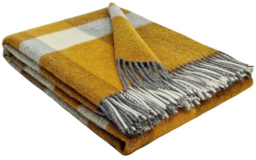 STTS International Wolldecke 100% Schurwolle Wohndecke in versch. Farben Tagesdecke Schurwolldecke Plaid 140 x 200 cm Tirol (Senf-Grau-Weiß (Quadrate)) von STTS International