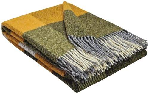 STTS International Wolldecke 100% Schurwolle Wohndecke in versch. Farben Tagesdecke Schurwolldecke Plaid 140 x 200 cm Tirol (Senf-Olive-Weiß (Quadrate)) von STTS International
