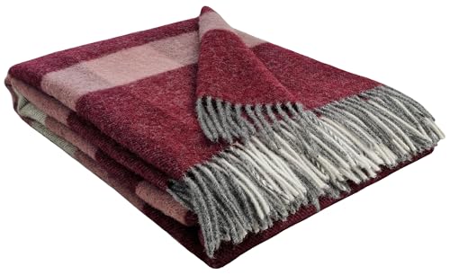 STTS International Wolldecke 100% Schurwolle Wohndecke in versch. Farben Tagesdecke Schurwolldecke Plaid 140 x 200 cm Tirol (Dunkelrot-Rosa-Grau (Quadrate)) von STTS International
