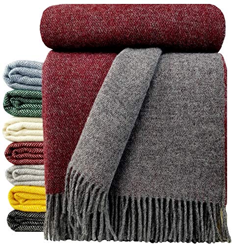 STTS International Wolldecke 100% Schurwolle Wohndecke in versch. Farben 140 x 200 cm Tagesdecke Schurwolldecke Woll-Plaid Tirol (Grau-Rot (Double face), 140 x 200 cm) von STTS International