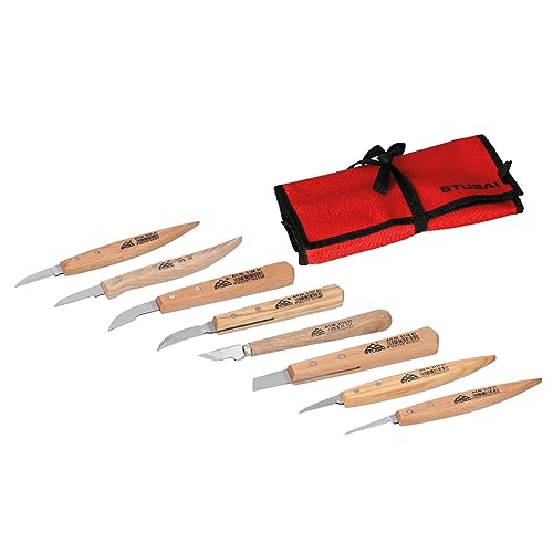STUBAI Schnitzersatz | 7-tlg. | Balleisen 5 mm & 10 mm + Hohleisen 4 mm, 6 mm & 10 mm + 2 Kerbschnitzmesser | Schnitzwerkzeug für Schnitzarbeiten zur Holzbearbeitung | professionelles Schnitz-Set von STUBAI