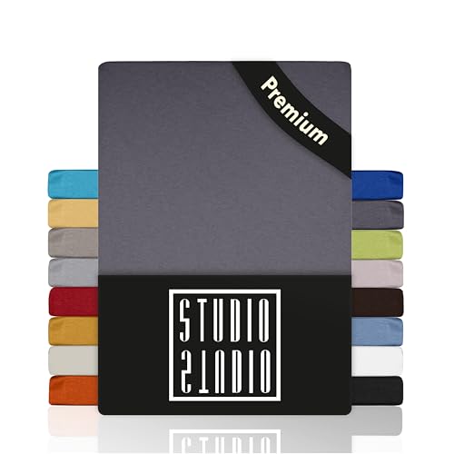 STUDIO Premium Spannbettlaken 180x200cm, 180x220cm, 200x200cm & 200x220cm – Jersey-Spannbetttuch aus 97 % Baumwolle & 3 % Elastan – Grau – Öko-Tex Zertifiziert, bügelfrei – für Matratzen 15–35cm von STUDIO