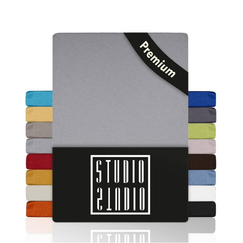 STUDIO Spannbettlaken Premium, 170 g/m², viele Größen, OEKO-TEX 100, Jersey Baumwolle, Gummizug: rundum, (1 Stück), 90x200-100x200 cm Bettlaken Spannbetttuch bis 25 cm Höhe - silber von STUDIO