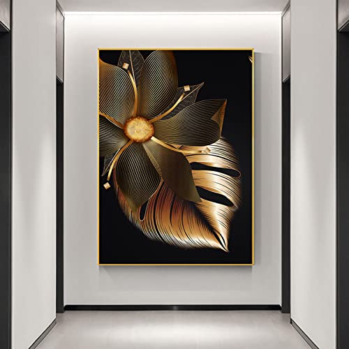 STUKE Wanddeko ​Schlafzimmer Abstraktes goldenes mit grauen Blättern LeinWandbild Nordic Modern Plant poster & kunstdrucke für Wohnzimmer Home Deko 60x80cm Ohne Rahmen von STUKE