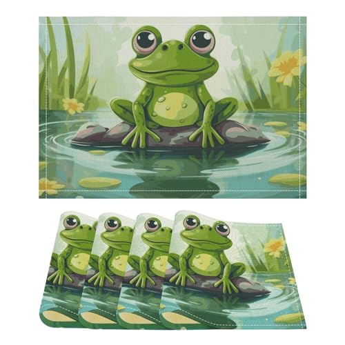 Frosch im Teich Leinen Tischsets 4er Set Abwaschbar Platzsets Premium Solide Tisch Platzsets für Esstisch Wasserdicht Tischmatte Hitzebeständige Küchentischmatten für Party Zuhause von STVNKML
