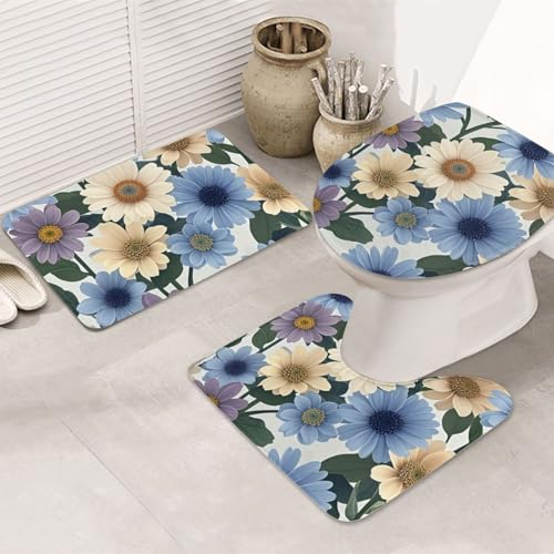 3-teiliges Badezimmerteppich-Set, rutschfest, waschbar, Duschmatten mit U-förmiger Kontur, WC-Vorleger, saugfähige Mikrofaser, Badematten, Blau und Hellbeige, Blumen, Badezimmer-Bodenmatten für von STVYUKL