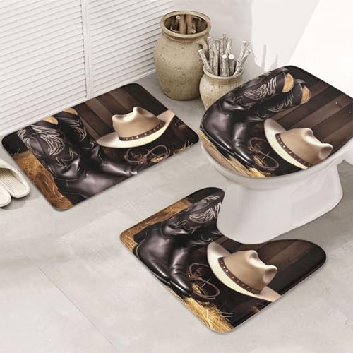 3-teiliges Badezimmerteppich-Set, rutschfest, waschbar, Duschmatten mit U-förmiger Kontur, WC-Vorleger, saugfähige Mikrofaser, Badematten, Cowboy-Hut, Westernstiefel, Badezimmer-Fußmatten für von STVYUKL