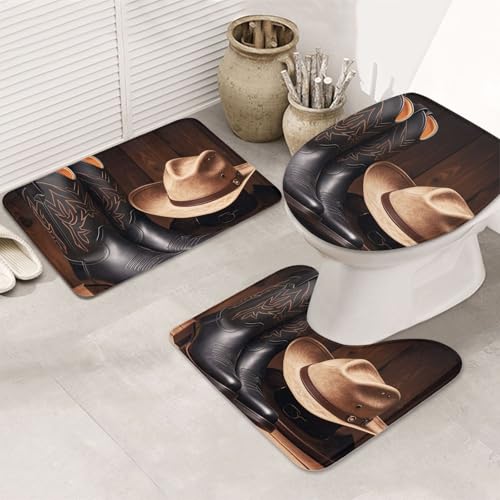 3-teiliges Badezimmerteppich-Set, rutschfest, waschbar, Duschmatten mit U-förmiger Kontur, WC-Vorleger, saugfähige Mikrofaser, Badematten, Cowboy-Hut, Westernstiefel, Badezimmer-Fußmatten für von STVYUKL