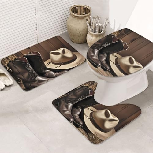 3-teiliges Badezimmerteppich-Set, rutschfest, waschbar, Duschmatten mit U-förmiger Kontur, WC-Vorleger, saugfähige Mikrofaser, Badematten, Cowboy-Hut, Westernstiefel, Badezimmer-Fußmatten für von STVYUKL