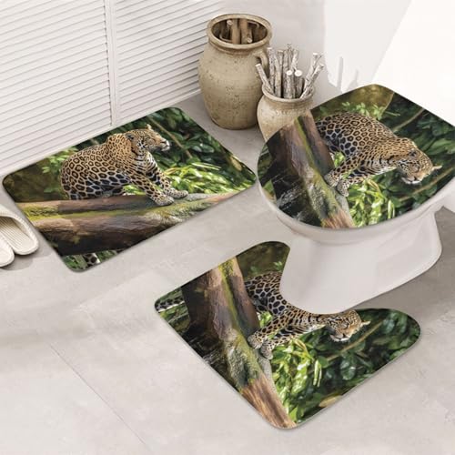3-teiliges Badezimmerteppich-Set, rutschfest, waschbar, Duschmatten mit U-förmiger Kontur, WC-Vorleger, saugfähige Mikrofaser, Badematten, Jaguar-Katze auf Baumstamm, Wasserfall, Badezimmer-Fußmatten von STVYUKL