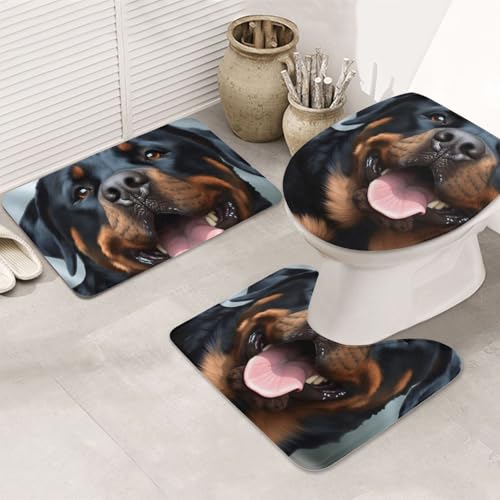 3-teiliges Badezimmerteppich-Set, rutschfest, waschbar, Duschmatten mit U-förmiger Kontur, WC-Vorleger, saugfähige Mikrofaser, Badematten, Rottweiler, Hunde, Zungenkopf, Badezimmer-Bodenmatten für von STVYUKL