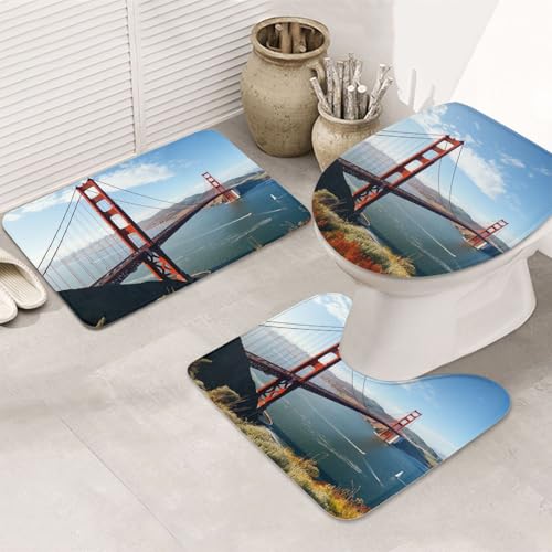 3-teiliges Badezimmerteppich-Set, rutschfest, waschbar, Duschmatten mit U-förmiger Kontur, WC-Vorleger, saugfähige Mikrofaser, Badematten, San Francisco, Golden Gate Bridge, Badezimmer-Fußmatten für von STVYUKL
