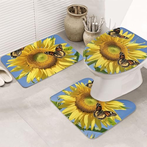 3-teiliges Badezimmerteppich-Set, rutschfest, waschbar, Duschmatten mit U-förmiger Kontur, WC-Vorleger, saugfähige Mikrofaser, Badematten, Schmetterlinge auf den Sonnenblumen, Badezimmer-Fußmatten für von STVYUKL