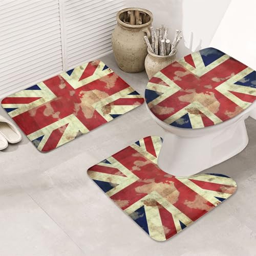 3-teiliges Badezimmerteppich-Set, rutschfest, waschbar, Duschmatten mit U-förmiger Kontur, WC-Vorleger, saugfähige Mikrofaser, Badematten, Vintage, Union Jack, britische Flagge, Badezimmer-Bodenmatten von STVYUKL