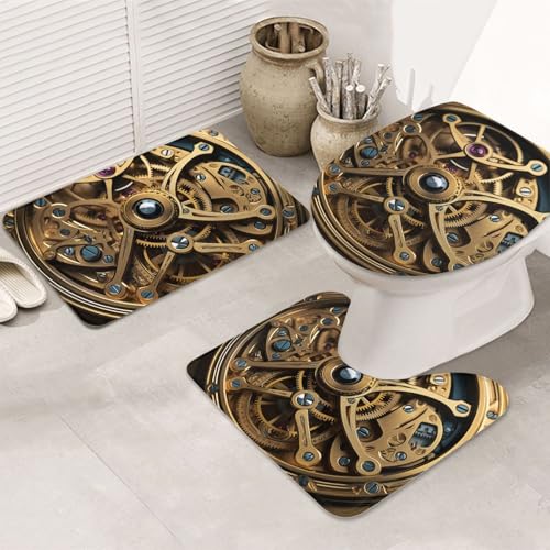 3-teiliges Badezimmerteppich-Set, rutschfest, waschbar, Duschmatten mit U-förmiger Kontur, WC-Vorleger, saugfähige Mikrofaser, Badematten, coole Steampunk-Getriebe, Badezimmer-Fußmatten für Badewanne von STVYUKL