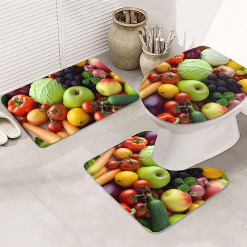3-teiliges Badezimmerteppich-Set, rutschfest, waschbar, Duschmatten mit U-förmiger Kontur, WC-Vorleger, saugfähige Mikrofaser, Badematten, frisches Obst und Gemüse, Badezimmer-Bodenmatten für von STVYUKL