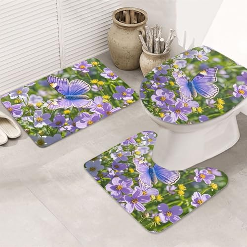 3-teiliges Badezimmerteppich-Set, rutschfest, waschbar, Duschmatten mit U-förmiger Kontur, WC-Vorleger, saugfähige Mikrofaser, Badematten, lila Schmetterling und Blumen, Badezimmer-Bodenmatten für von STVYUKL