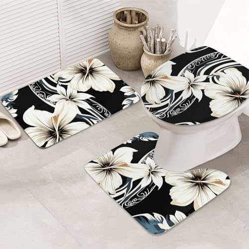 3-teiliges Badezimmerteppich-Set, rutschfest, waschbar, Duschmatten mit U-förmiger Kontur, WC-Vorleger, saugfähige Mikrofaser, Badematten, schwarz und weiß, hawaiianische Blumen von STVYUKL
