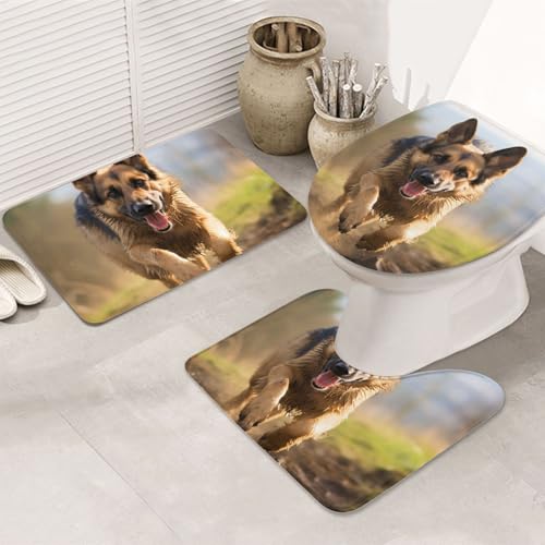 3-teiliges Badezimmerteppich-Set, rutschfest, waschbar, Duschmatten mit U-förmiger Kontur, WC-Vorleger, saugfähige Mikrofaser, Badvorleger, laufender Schäferhund, Badezimmer-Fußmatten für Badewanne von STVYUKL