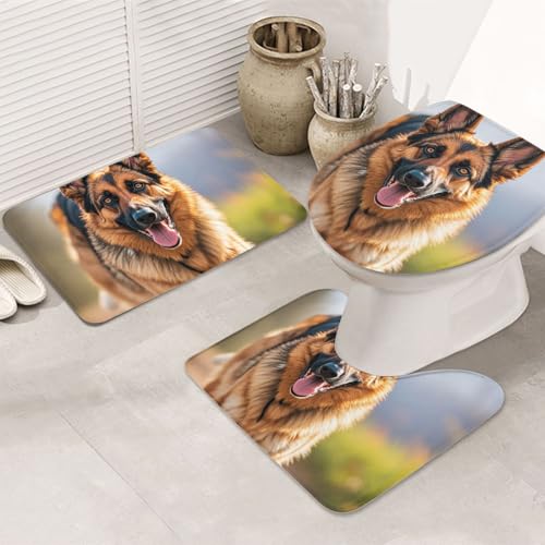 3-teiliges Badezimmerteppich-Set, rutschfest, waschbar, Duschmatten mit U-förmiger Kontur, WC-Vorleger, saugfähige Mikrofaser, Badvorleger, laufender Schäferhund, Badezimmer-Fußmatten für Badewanne von STVYUKL