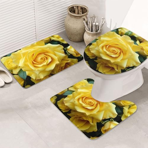 3-teiliges Badezimmerteppich-Set, rutschfest, waschbar, Duschmatten mit U-förmiger Kontur, WC-Vorleger, saugfähige Mikrofaser, anmutige gelbe Rose, Blume, Badezimmer-Bodenmatten für Badewanne von STVYUKL