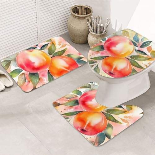 3-teiliges Badezimmerteppich-Set, rutschfest, waschbar, Duschmatten mit U-förmiger Kontur, WC-Vorleger, saugfähige Mikrofaser, buntes Pfirsich-Aquarell-Design, Badezimmer-Fußmatten für Badewanne von STVYUKL