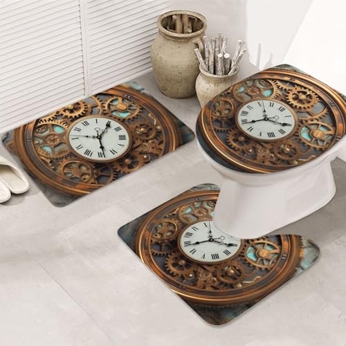 3-teiliges Badezimmerteppich-Set, rutschfest, waschbar, Duschmatten mit U-förmiger Kontur, WC-Vorleger, saugfähige Mikrofaser, rostige Steampunk-Uhr, Badezimmer-Fußmatten für Badewanne, Dusche von STVYUKL