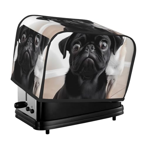 Niedlicher schwarzer Mops-Hund, 2 Scheiben, Toaster-Abdeckungen, gesteppte Abdeckung für kleine Geräte, mit Griff, für Zuhause, Tisch, Küche, Dekoration von STVYUKL