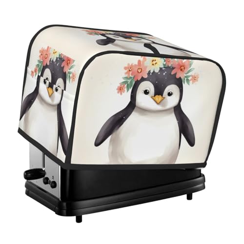 Pinguin mit Blumen, 2 Scheiben, Toaster-Abdeckungen, gesteppte Abdeckung für Brotbackmaschine, kleine Geräteabdeckung mit Griff, für Zuhause, Tisch, Küche, Dekoration von STVYUKL