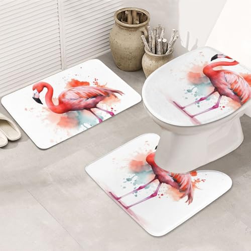 STVYUKL 3-teiliges Badezimmerteppich-Set, rutschfest, waschbar, Duschmatten mit U-förmiger Kontur, WC-Vorleger, saugfähige Mikrofaser, Badematten, Aquarell, Flamingo, Badezimmer-Bodenmatten für von STVYUKL